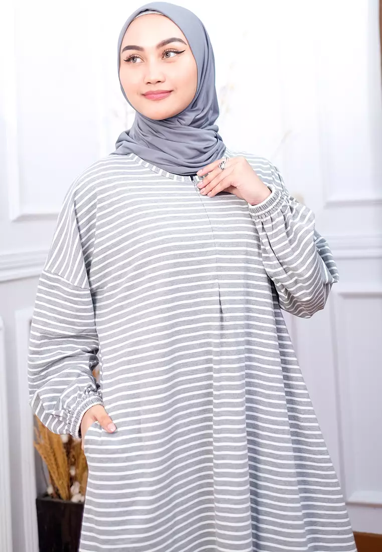 JV Hasanah New Abaya Shireen Big Stripes Dress Silver | Gamis Abaya Oversize Busui Lengan Batwing Full Karet