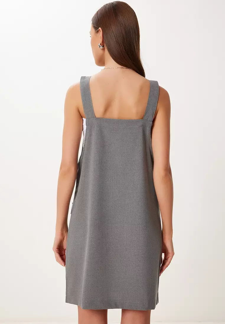 Women's Anthracite Mini Woven Salopet Dress Mx00208