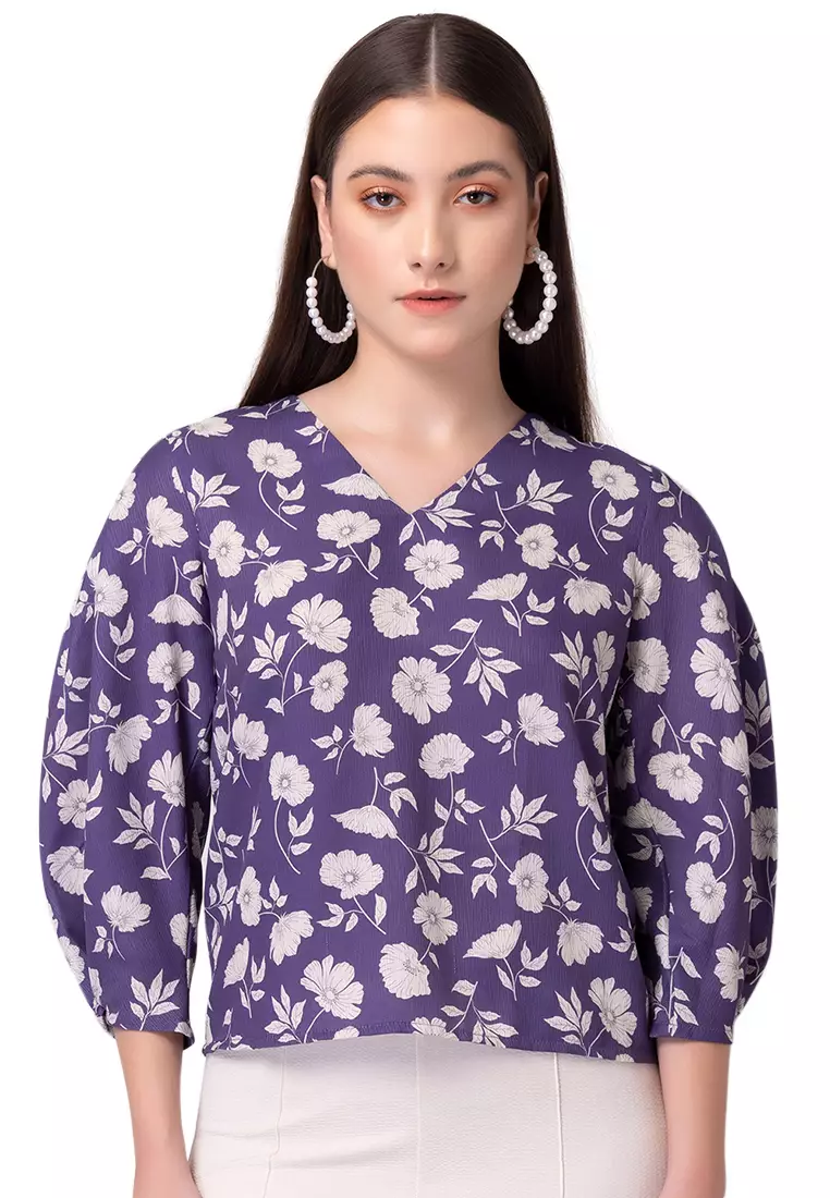 Buy Faballey Purple Floral Print Puff Sleeve Blouse Online Zalora Malaysia 0512