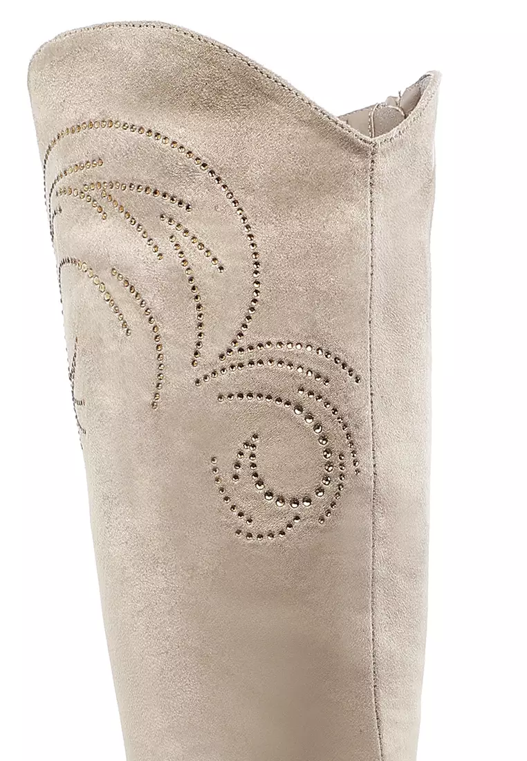 Rhinestone Patterned Calf Boots in Beige