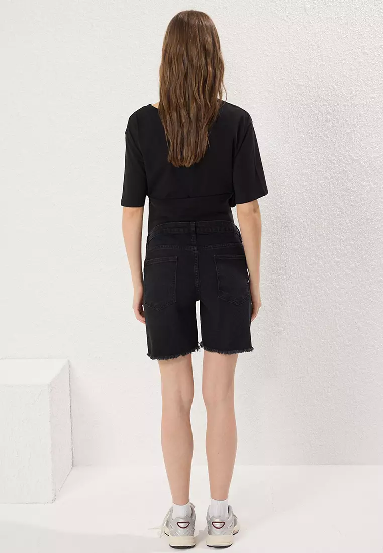 Black Abdominal Panel Maternity Denim Shorts TBBSS25AP00027