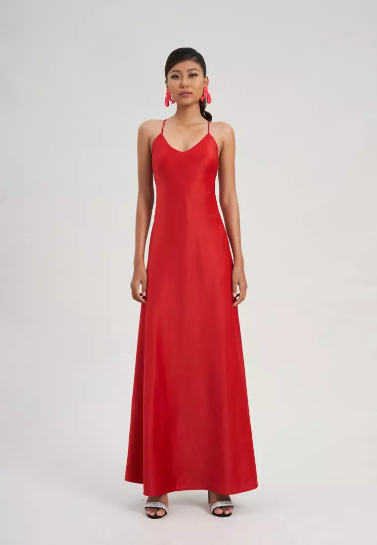 SOLID RED SILK MAXI DRESS