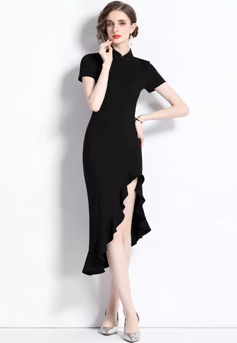 Buy Sunnydaysweety Black Sexy Retro Ruffled Slit Dress CA100543
