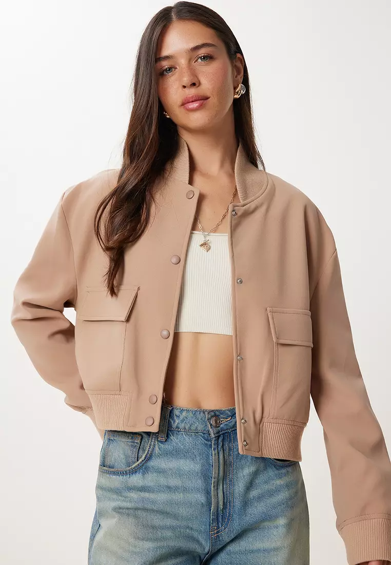 Women's Beige Bomber Woven Jacket With Flap Pockets Oh00063