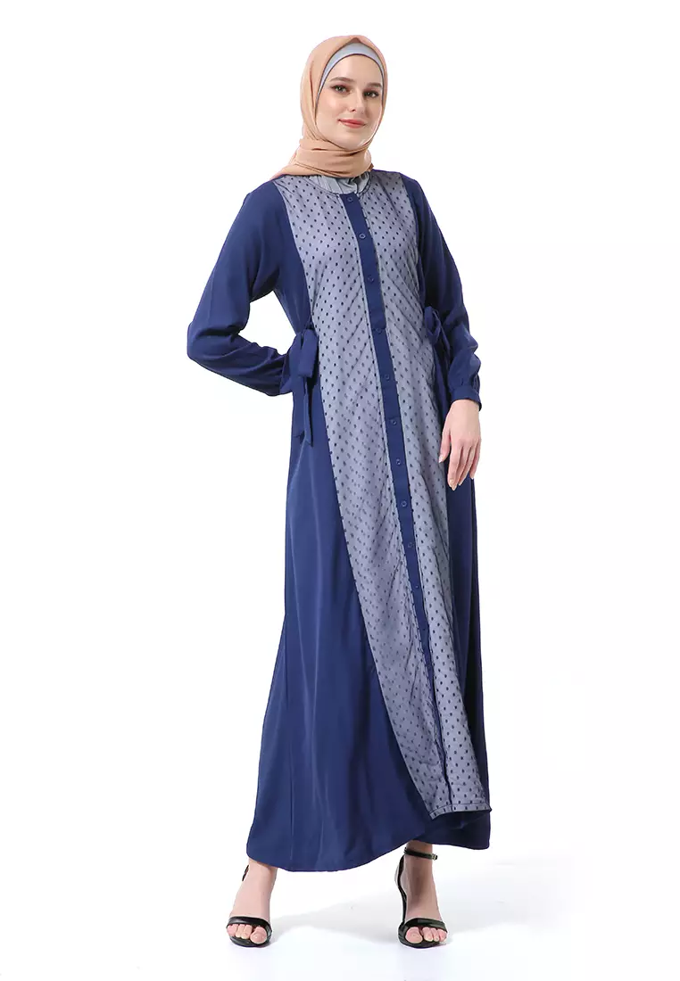 Dilla Long Dress Muslimah Lengan Panjang Relaxed Fit High Quality Premium - Navy Mix Grey