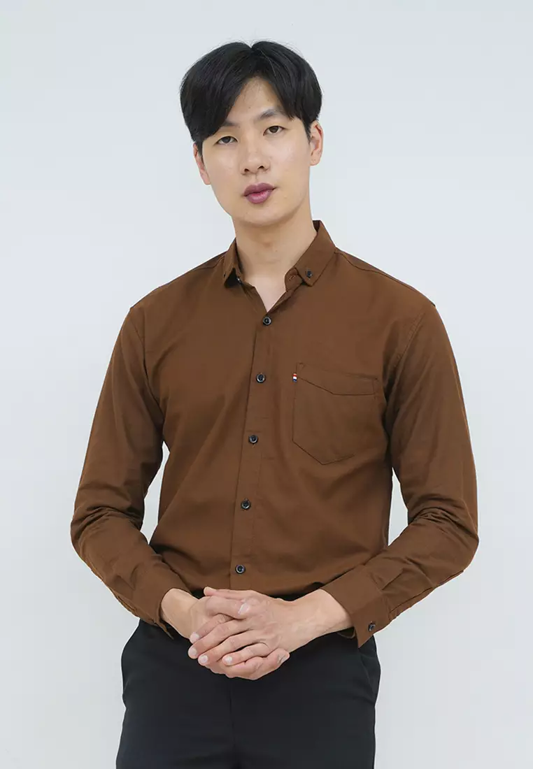 Kemeja lengan panjang pria formal slim fit brown houseofcuff