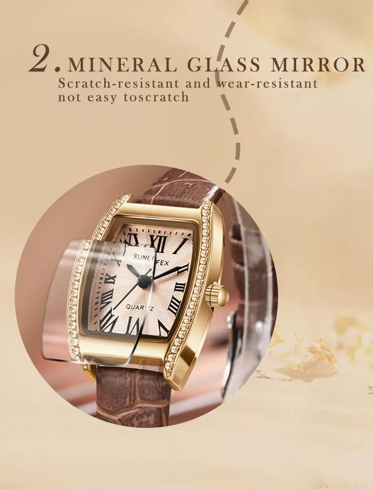 Jam Tangan Wanita Tonneau-shaped Diamond Dial Tali Kulit Mode Jam Tangan Cewek light brown