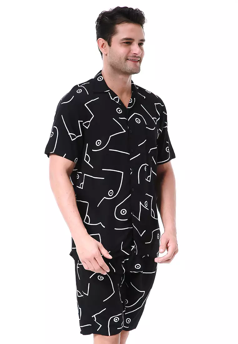 Deon Piyama Pria Kemeja One Set Lengan Pendek Morabita Motive Material Rayon ORIGINAL - Black