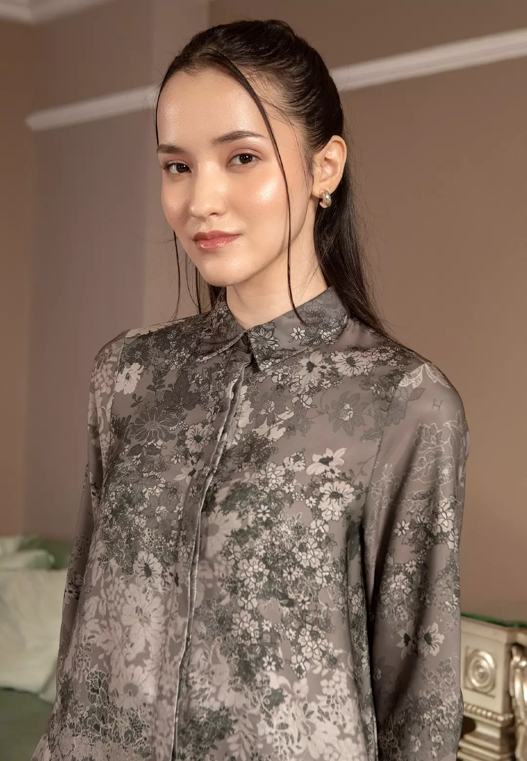 HijabChic Maia Top Olive Ash - Baju Lebaran Klasik Motif Floral