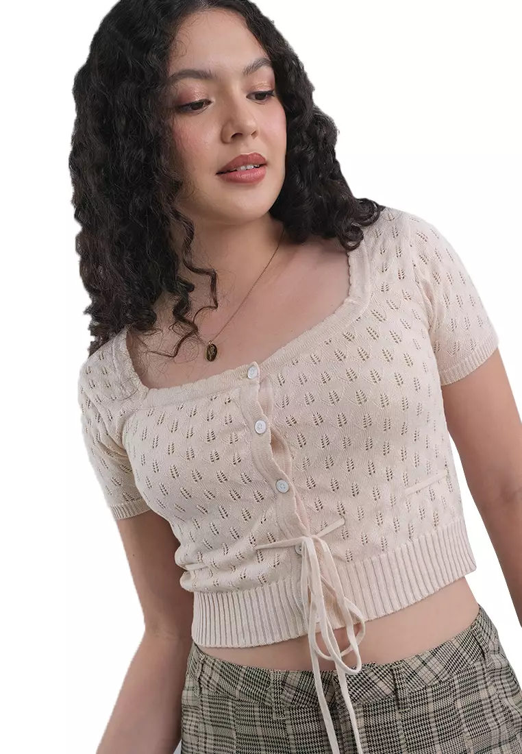 JUST G Pointelle Crop Top With Scallop Details And Tie