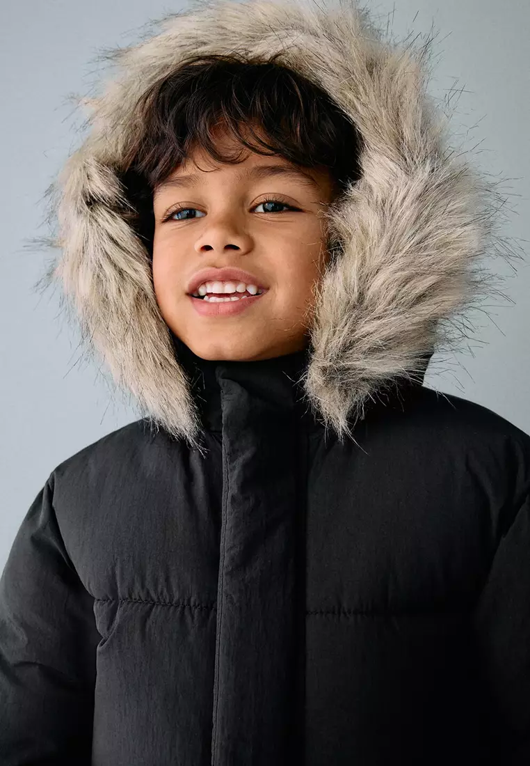 Puffer Coat with Fur-Effect Hood