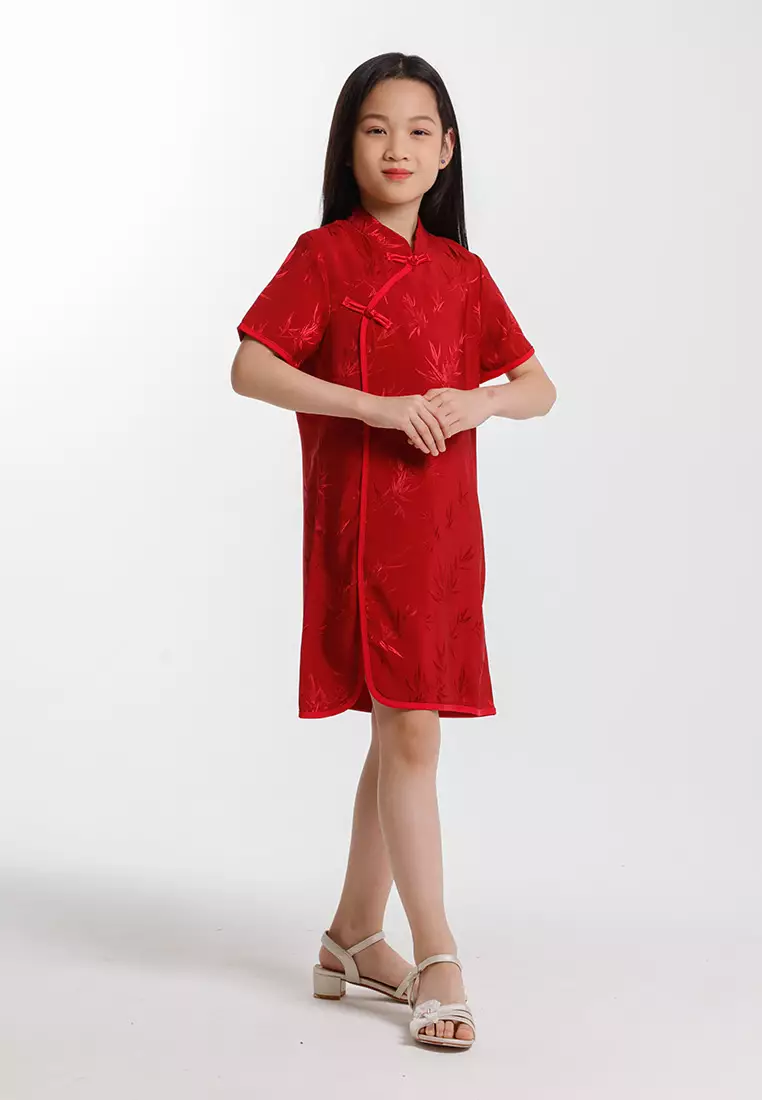 Forest Girls CNY Cheongsam Jacquard Short Sleeve Dress - FK885088-50DarkRed