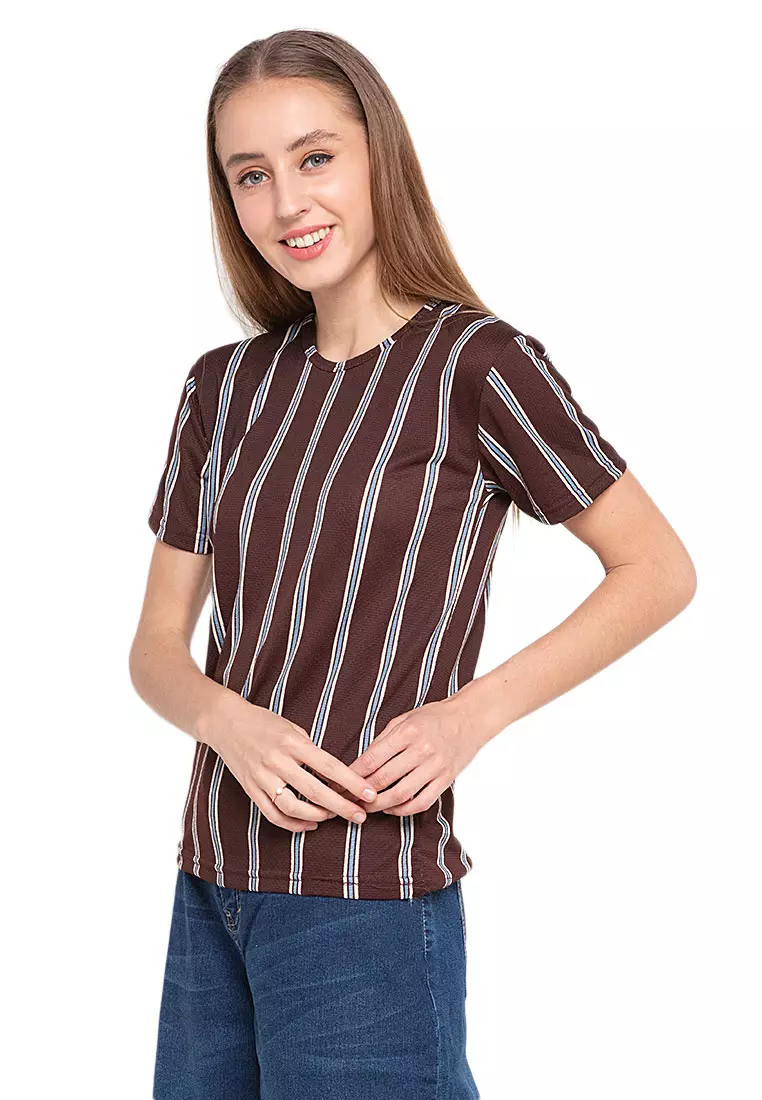 Caldwell Blouse Salur Short Sleeves Atasan Wanita Relaxed Fit - Coklat