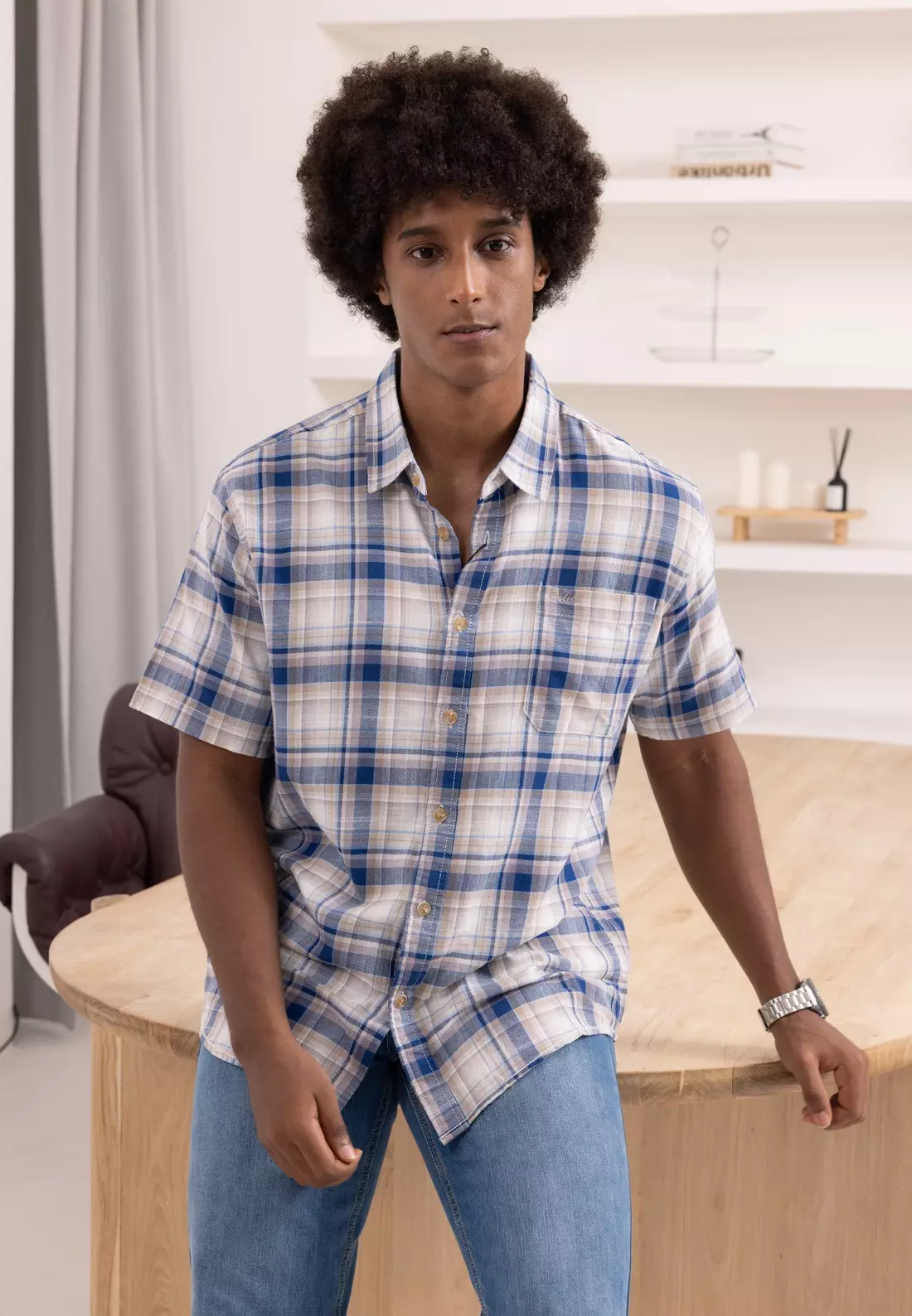 POLICE Kemeja Kotak Cotton Twill Slub Cream Biru Regular Fit Pria