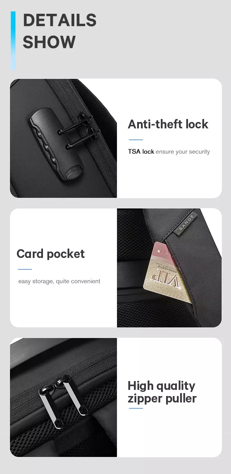 Bange BG7225 Tas Ransel Backpack Laptop Kerja pria 15.6 Inch Anti Theft Lock USB - GREY