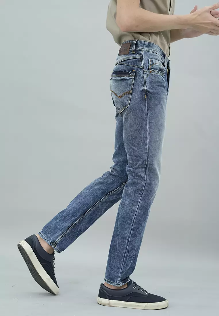 LGS - Celana Panjang Jeans Pria -  Premium Denim Whiskers - Warna Biru - Motif Washed - Perfect Slim Straight - JPF.492.P103.A661.C
