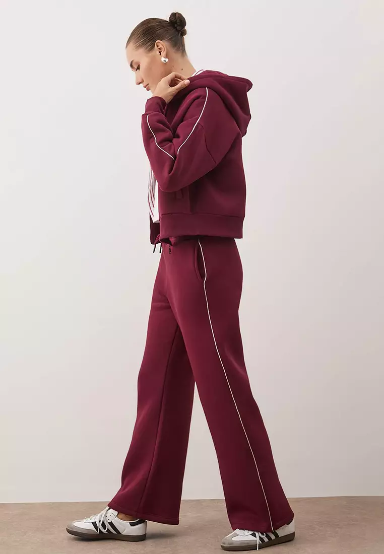 Burgundy Thick Ribbed Zippered Hooded Oversize/Wide Cut Knitted Tracksuit Set Twoaw26Em