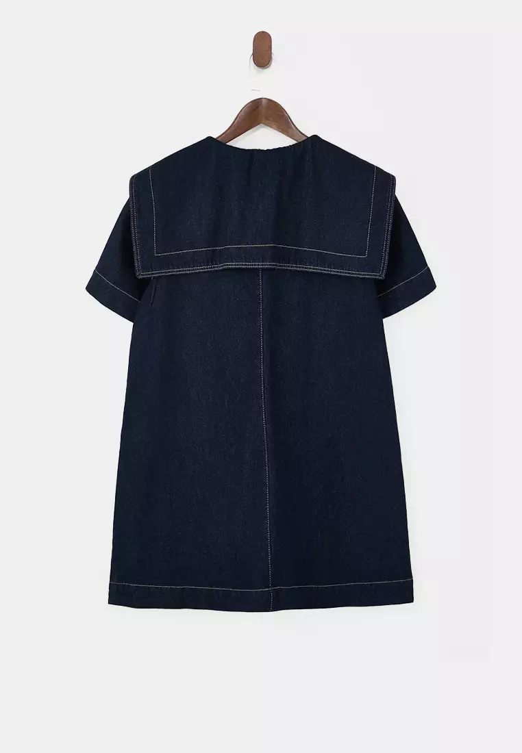 Blue Baby Collar Detailed 1% Cotton Mini Denim Dress Twoss26El41