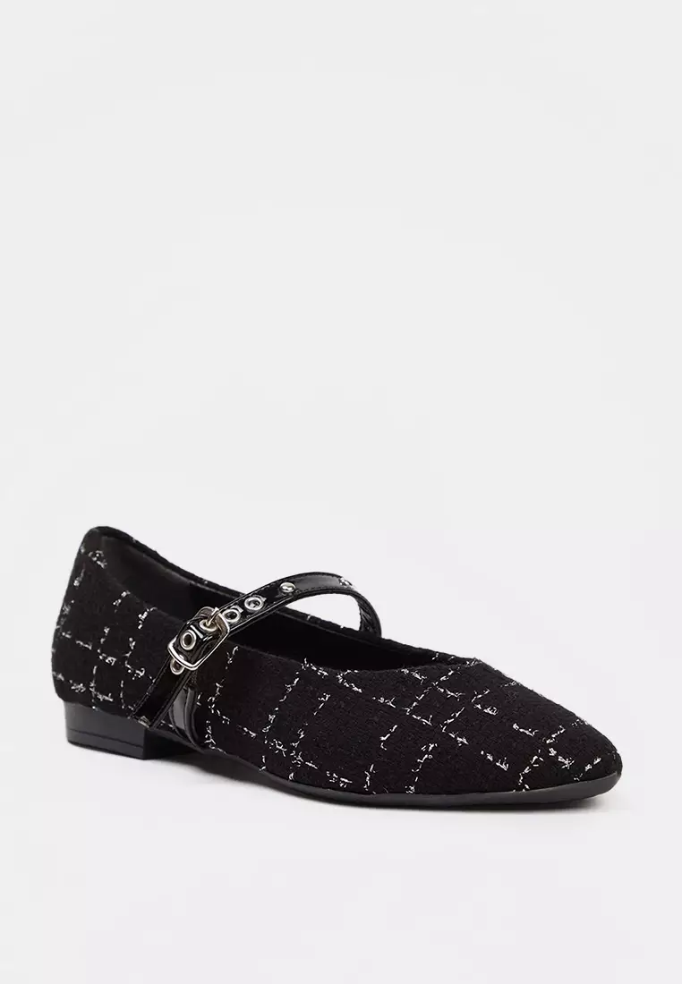 Black Tweed Mary Jane Bird Eye Tape Pointed Toe Women's Ballerinas Takeaw26Be00004