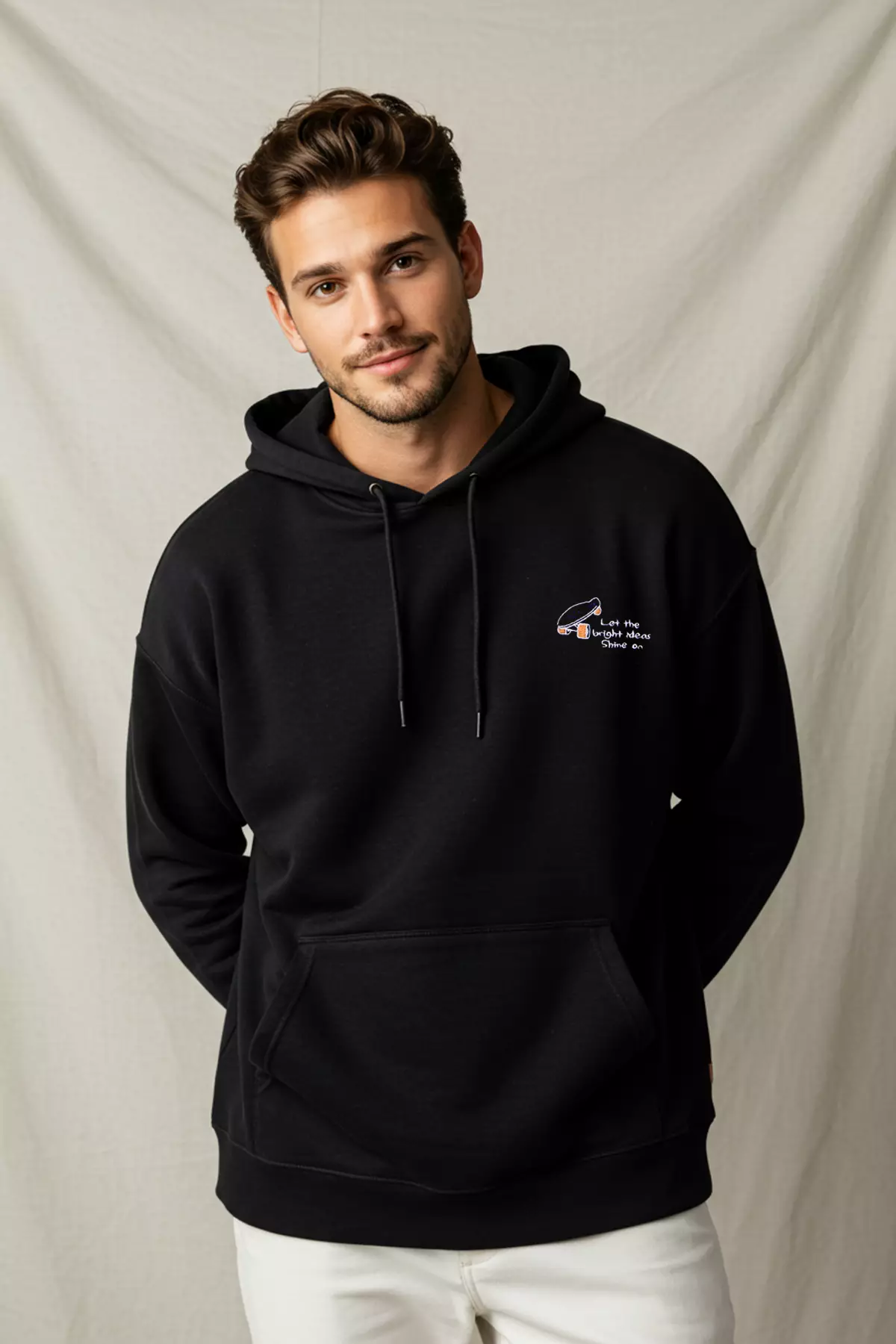 Black Oversize/Wide Cut Embroidered Fleece Inside Hooded Sweatshirt