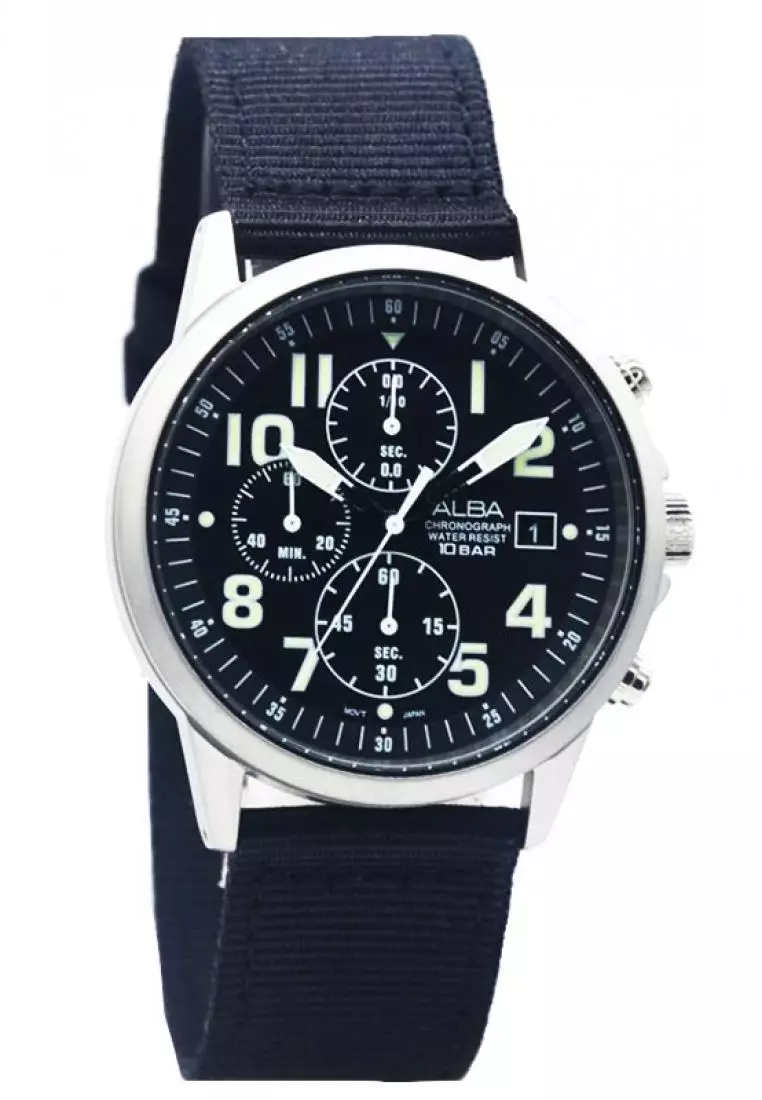 Jam Tangan Pria Alba Original Garansi Resmi AM3853 AM3853X1 Strap Black Nylon Black Dial Chronograph