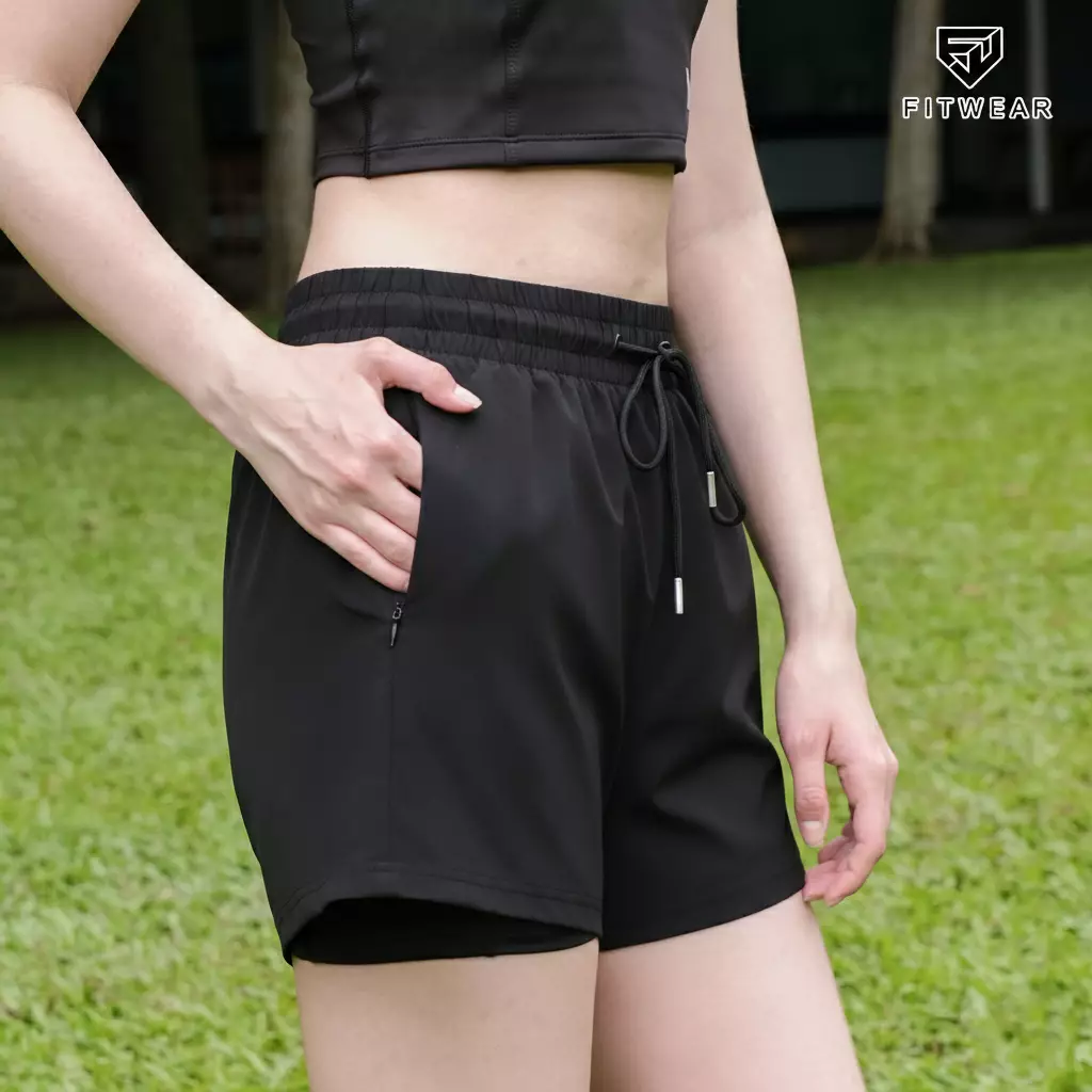 Fitwear Celana Pendek Lari + Inner Olahraga Wanita AZALEA BIGSIZE POCKET ZIP - TRUE BLACK