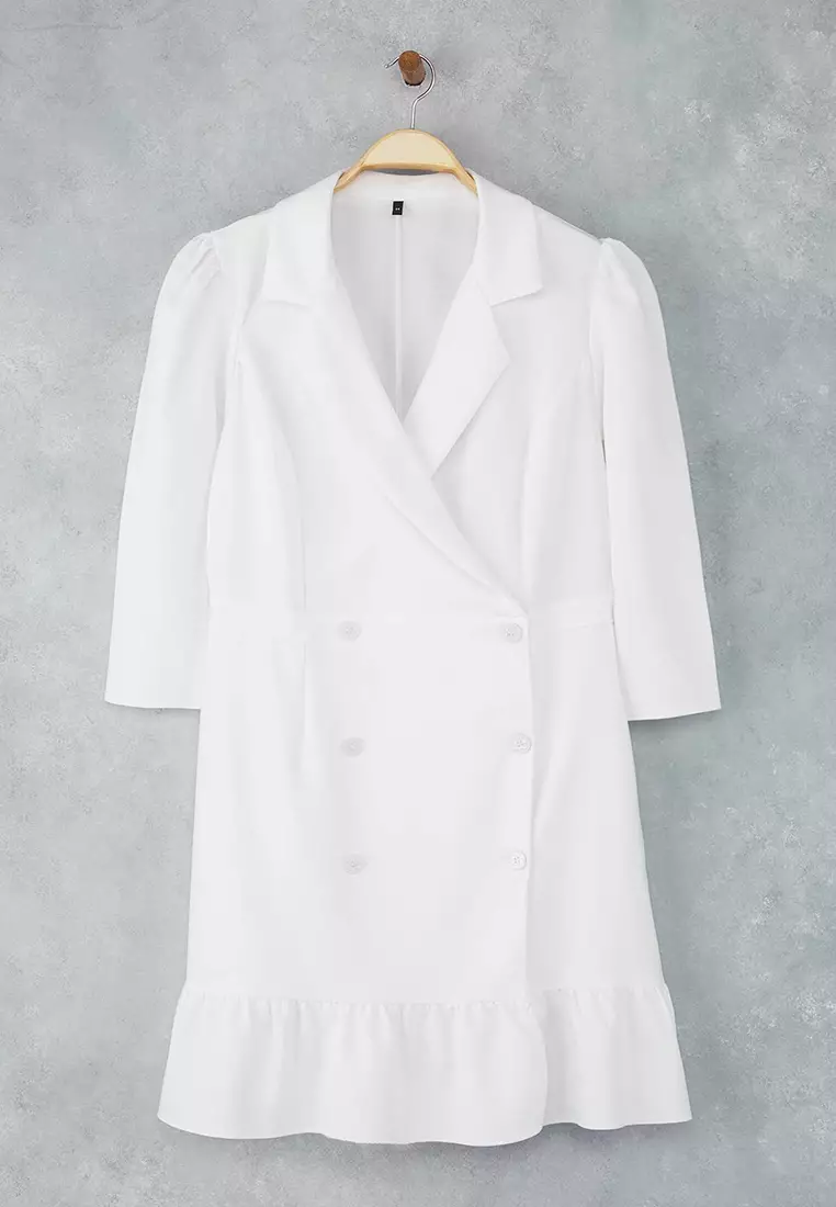 Ecru Plus Size Unlined Three Quarter Sleeve Mini Woven Jacket Dress