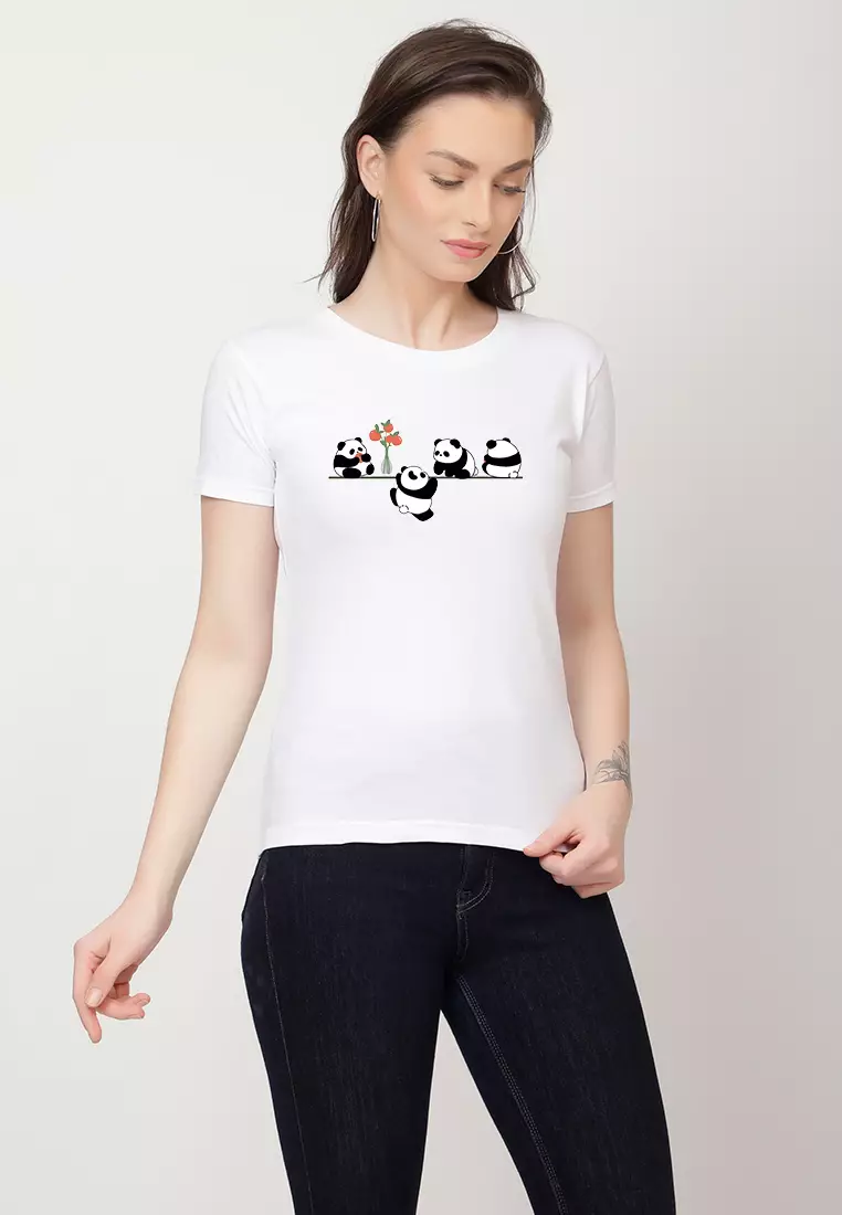 女式可爱熊猫图案白色棉质修身短袖圆领T恤