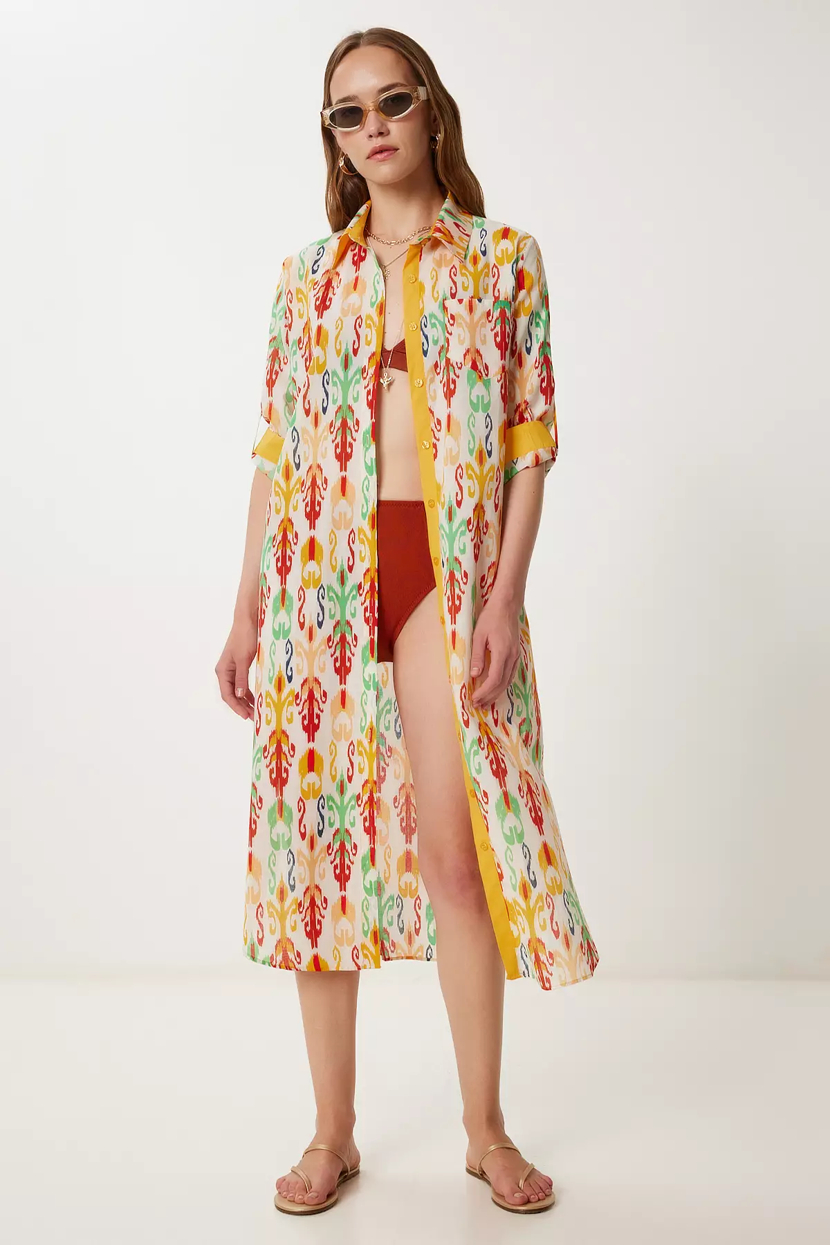 Women's Yellow Bone Pattern Summer Midi Shirt Dress Wf00114