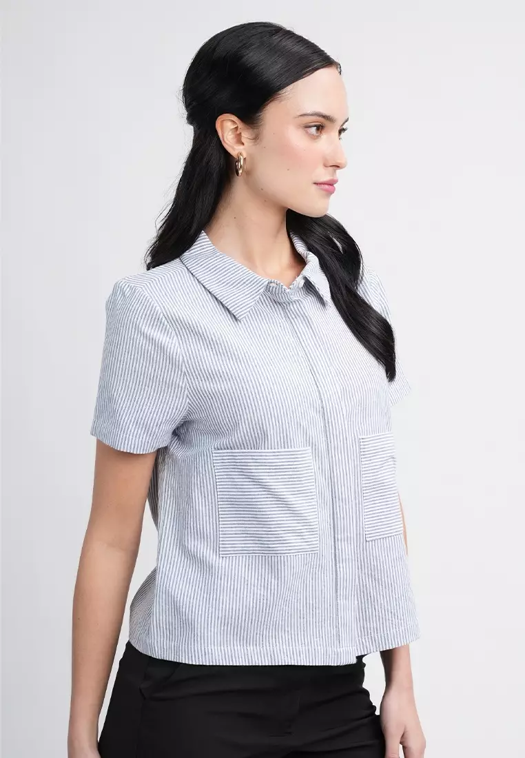 Emma Short Sleeve Striped Collared Button-Up Top Blouse