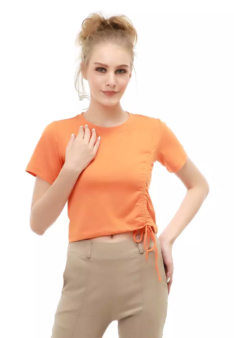 Genevie T-Shirt Kaos Crop Atasan Kasual Wanita Lengan Pendek Material Span Single Jersey ORIGINAL - Orange
