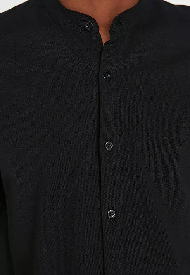 Slim Fit Straight Collar Short Sleeves Pique Shirt