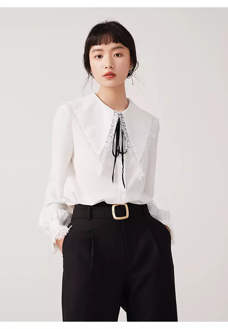 Chiffon Collar Blouse with String Tie