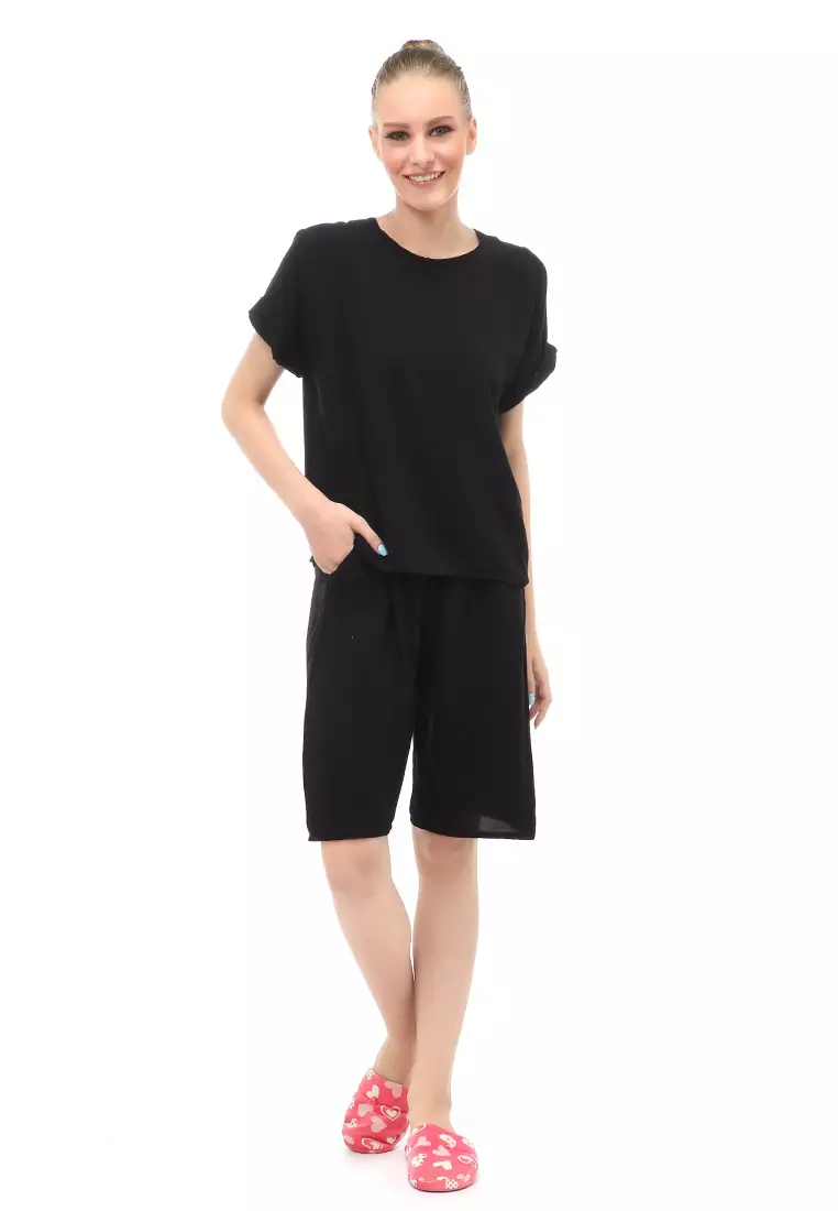 Setelan Wanita Lengan Pendek Design Simple Casual Relaxed Fit - Hitam