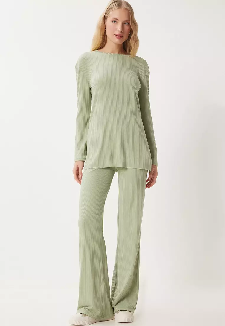 Comfortable Ribbed Knitted Blouse Trousers Set
