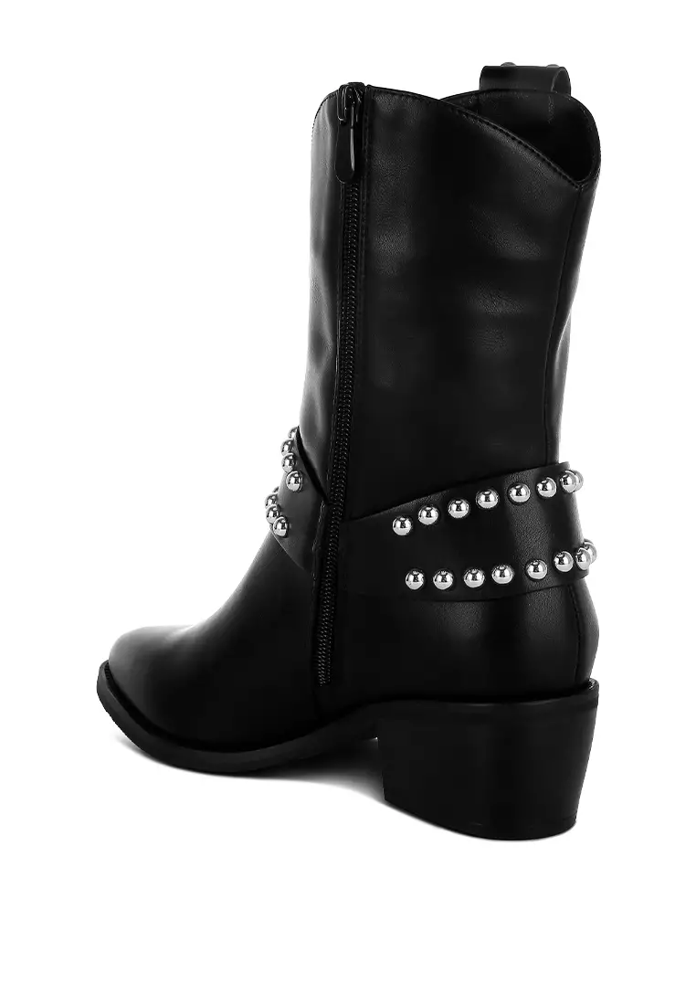 Studded Harness Detail Boots in Black