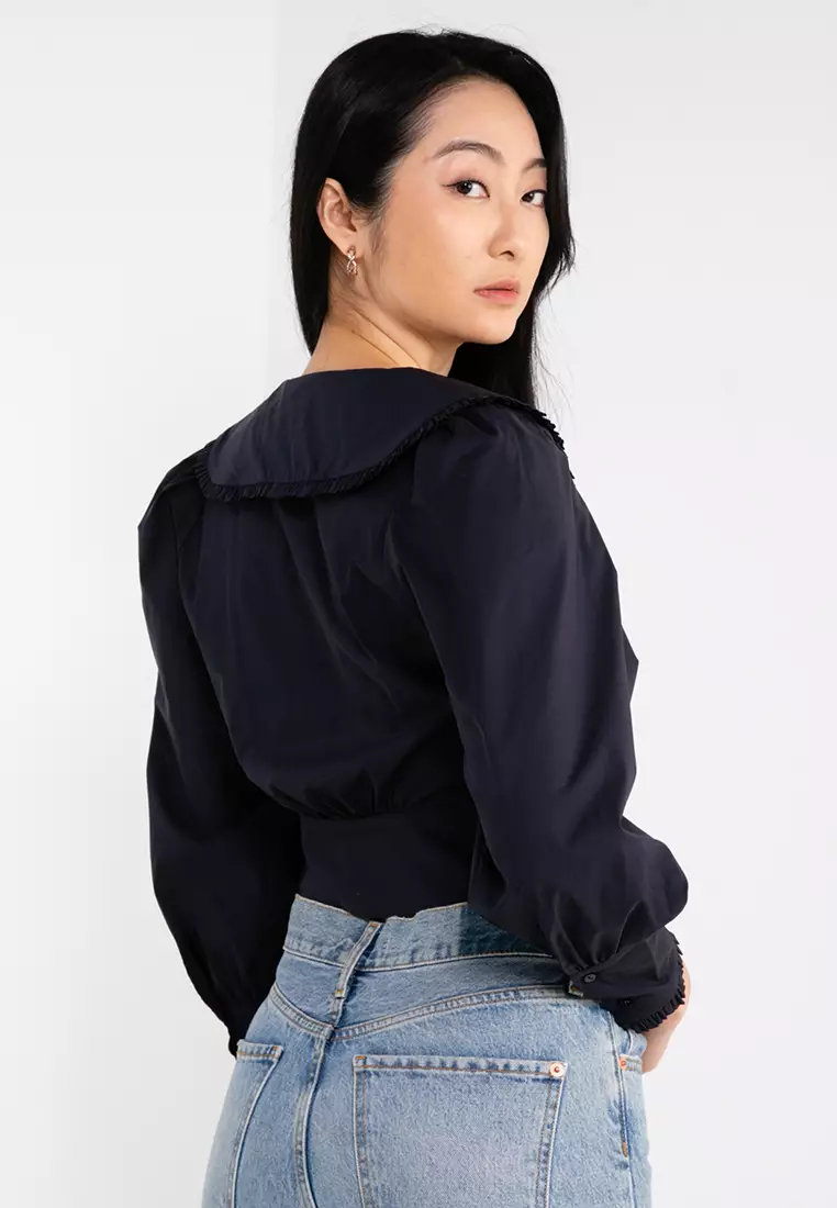 Oversized Point Collar Puffed Sleeve Top