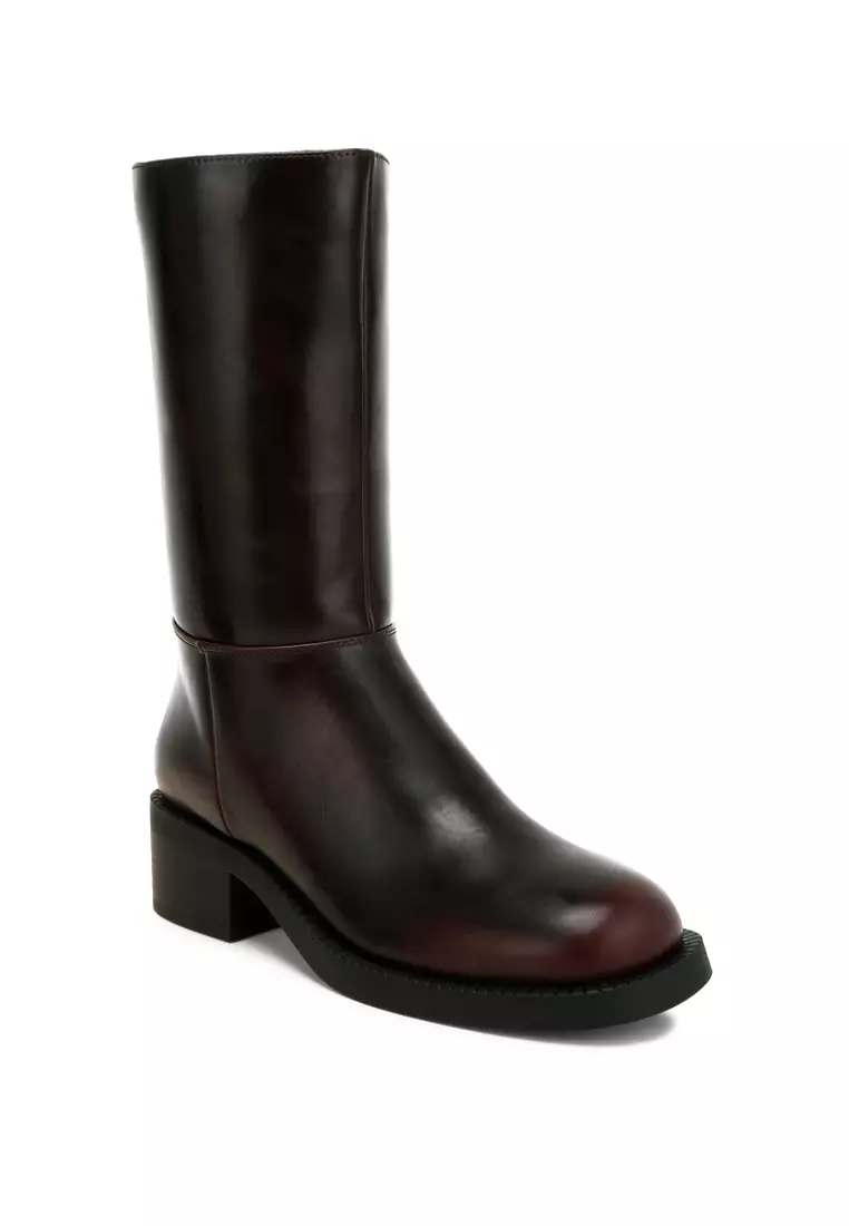 Block Heel Calf Boots in Brown