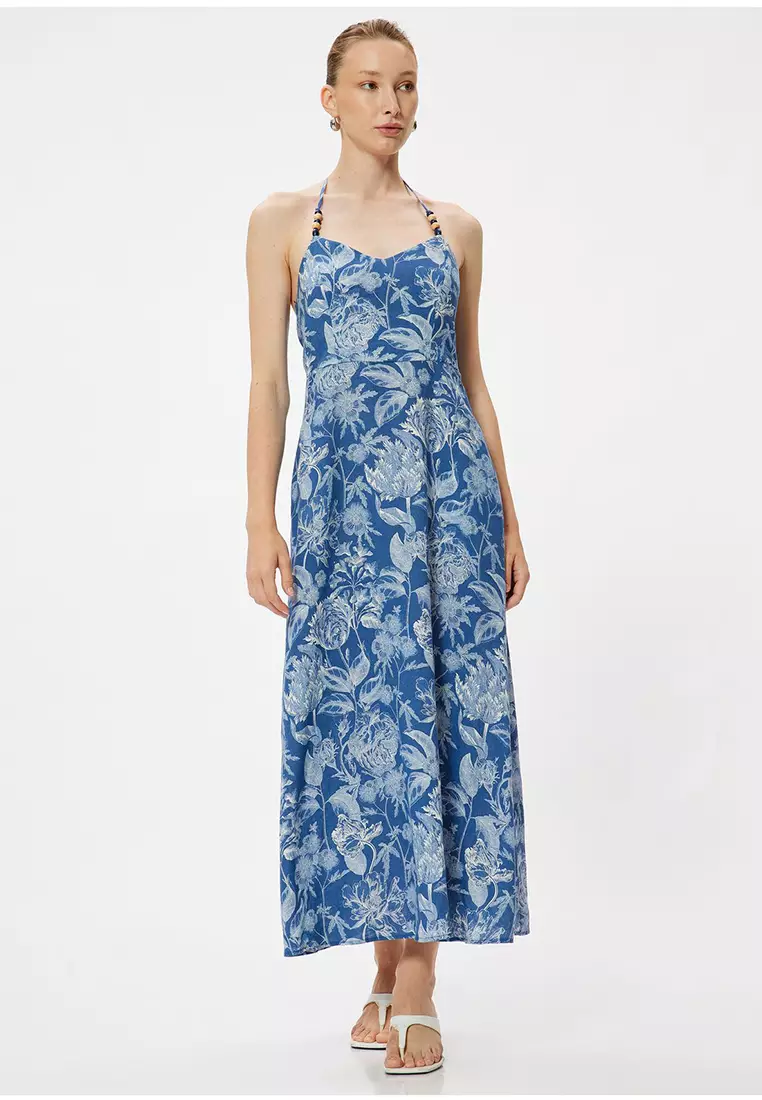 Floral Halter Neck Dress Midi Length Linen Blend With Pockets