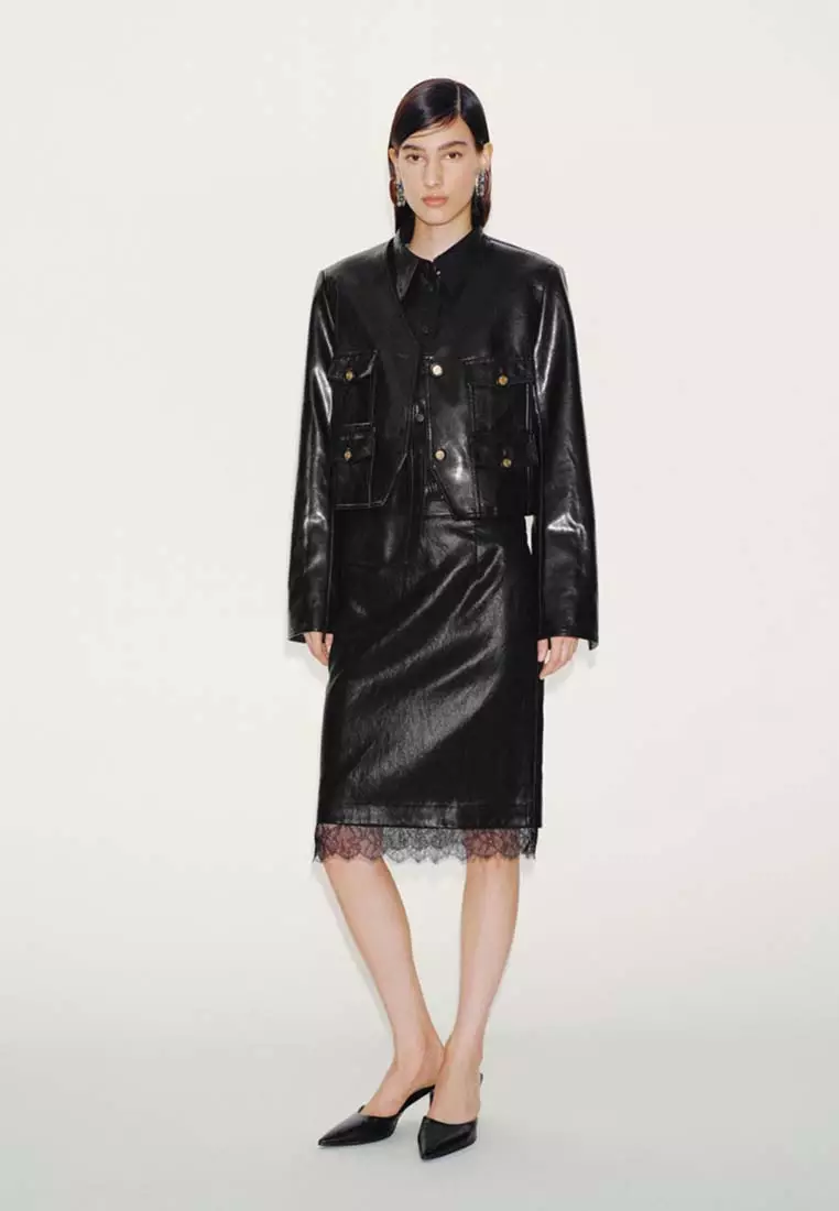 Faux Leather Collarless V-Neck Jackets