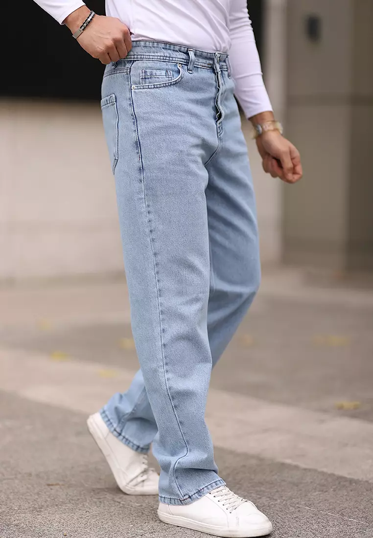 Light Blue 100% Cotton Men's Baggy Fit Jeans Jeans Tmnaw24Je00027