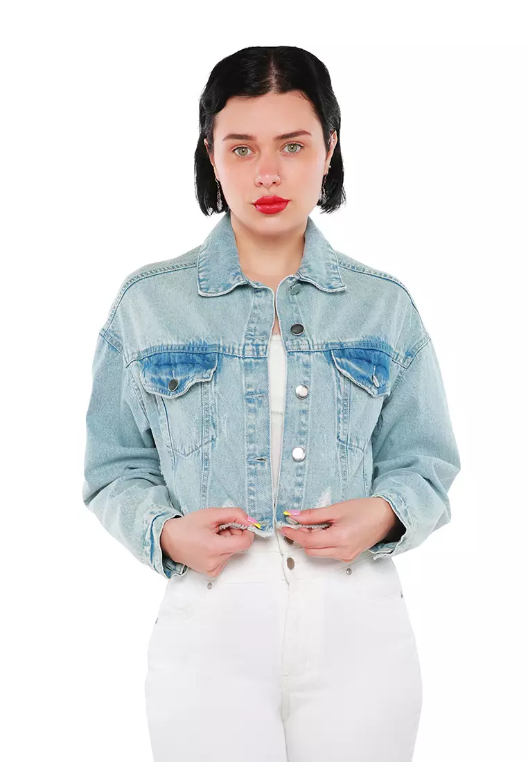 Cropped denim jacket light wash sales