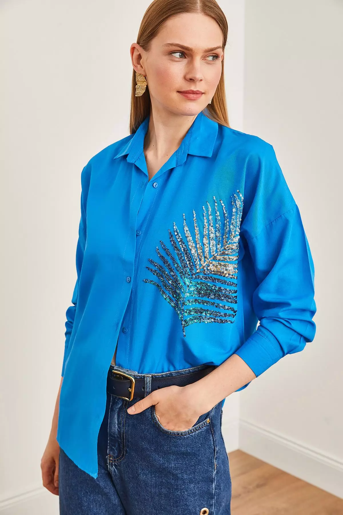 Palm Sequin Detailed Oversize Woven Poplin Shirt