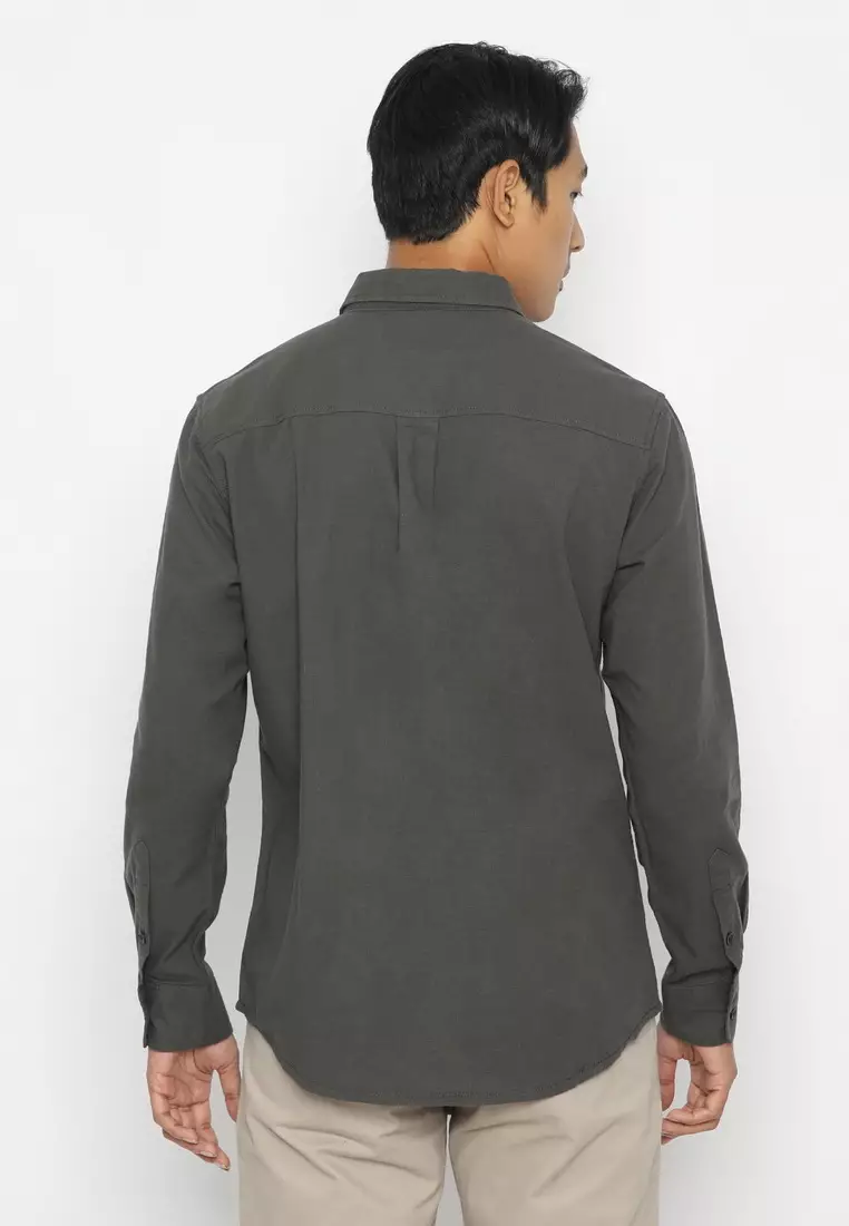 POLICE Kemeja Polos Cotton Slub Regular Fit Dark Olive Lengan Panjang Pria