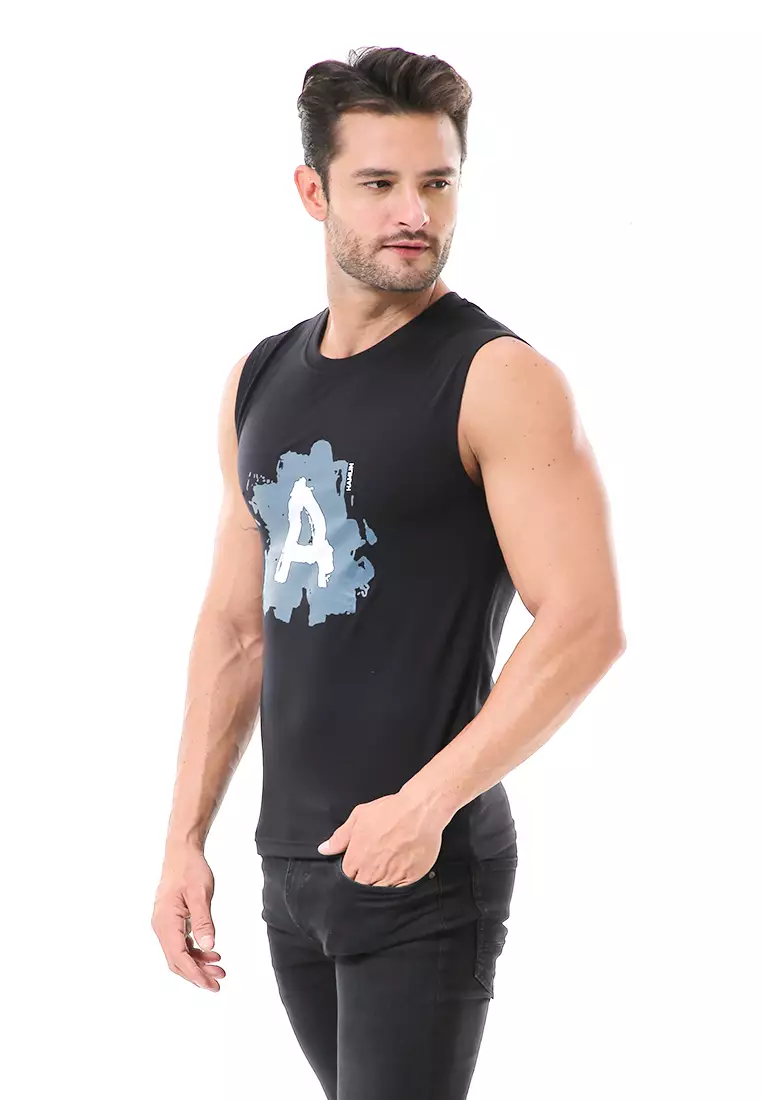 Bobby Atasan Kasual Pria Singlet Motif Huruf A Atasan Tanpa Lengan Material Cotton ORIGINAL - Black