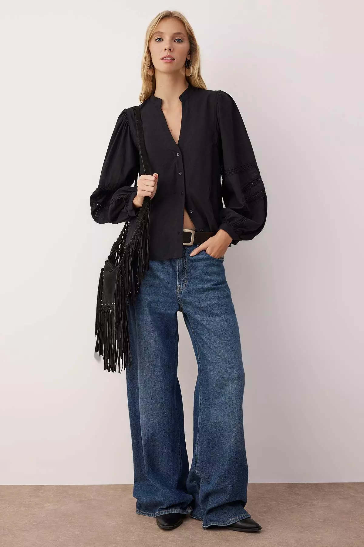 Black Sleeve Lace Stripe Detailed Boho Shirt