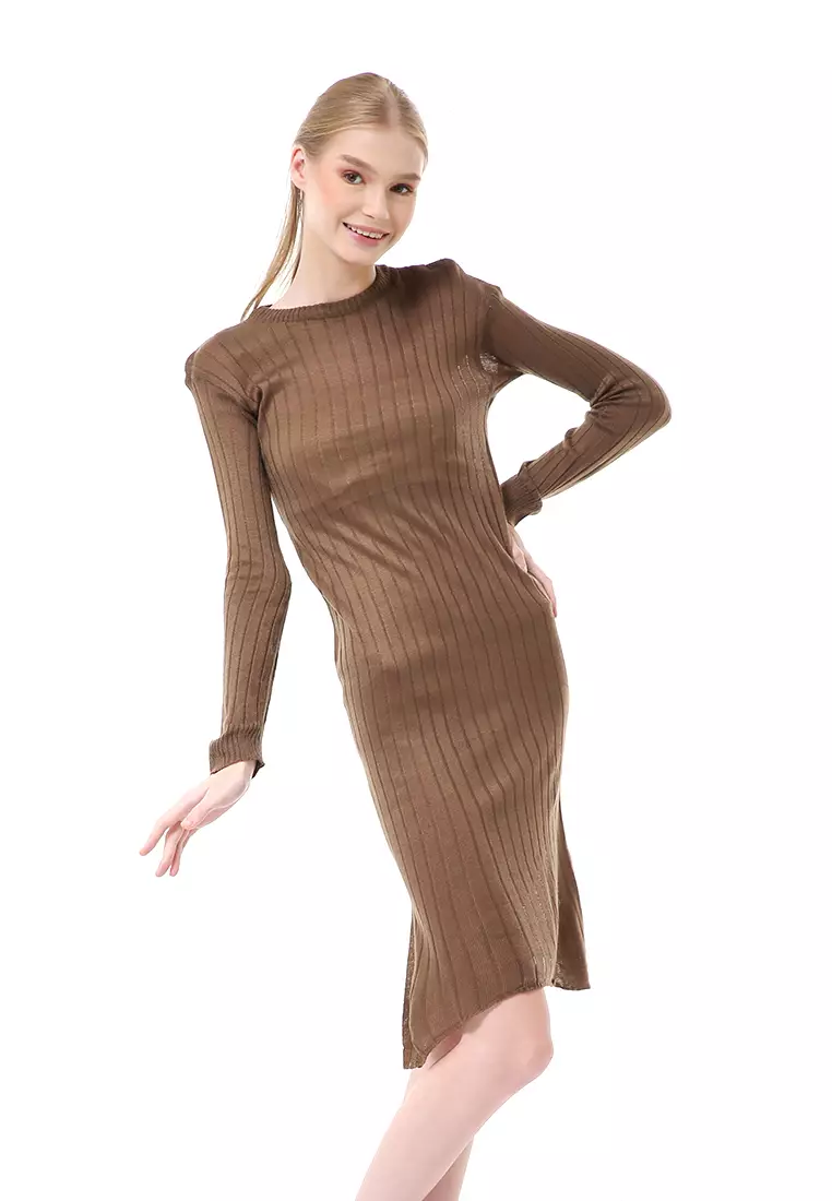 Adela Dress Rajut Tunik Wanita Motif Polos Long Sleeve Relaxed Fit - Bronze