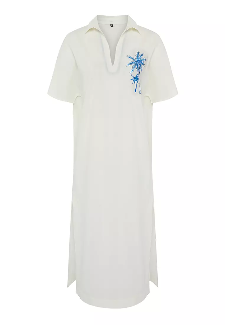 Ecru Maxi Woven 100% Cotton Embroidered Beach Dress Tbess25El00026