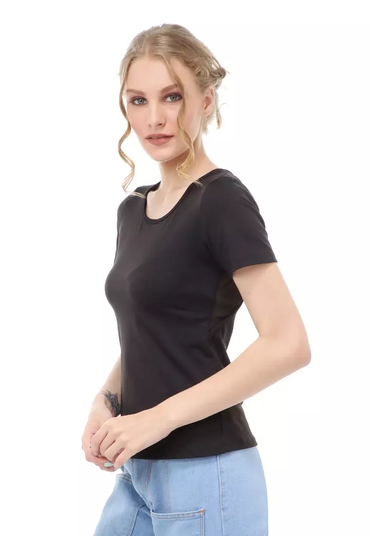 Wish Baju Olahraga Kaos Sport Wanita Lengan Pendek Sporty Shirt Jaring Transparan Material Polyester ORIGINAL - Black