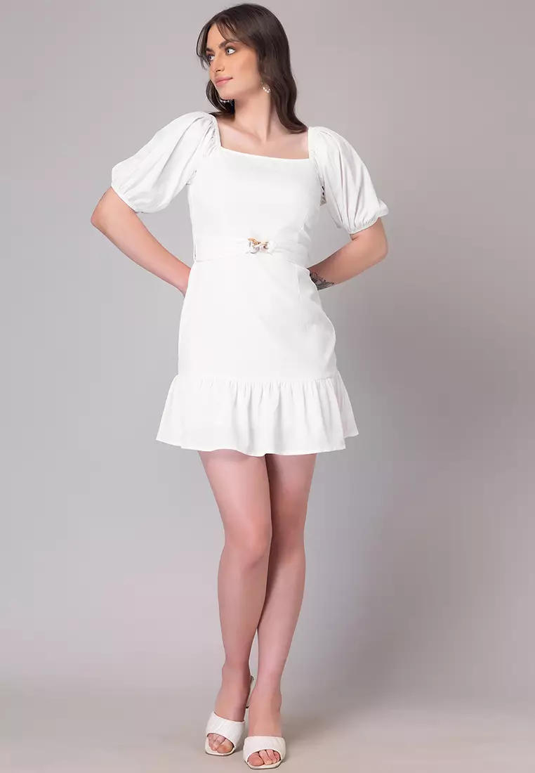 White Puff Sleeve Dress With Belt